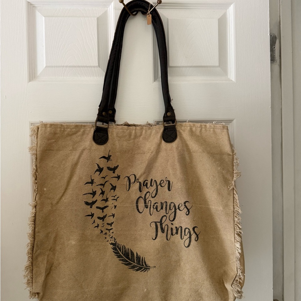 Vintage Addiction Recycled Canvas Leather Tote Bag "Prayer Changes Things"